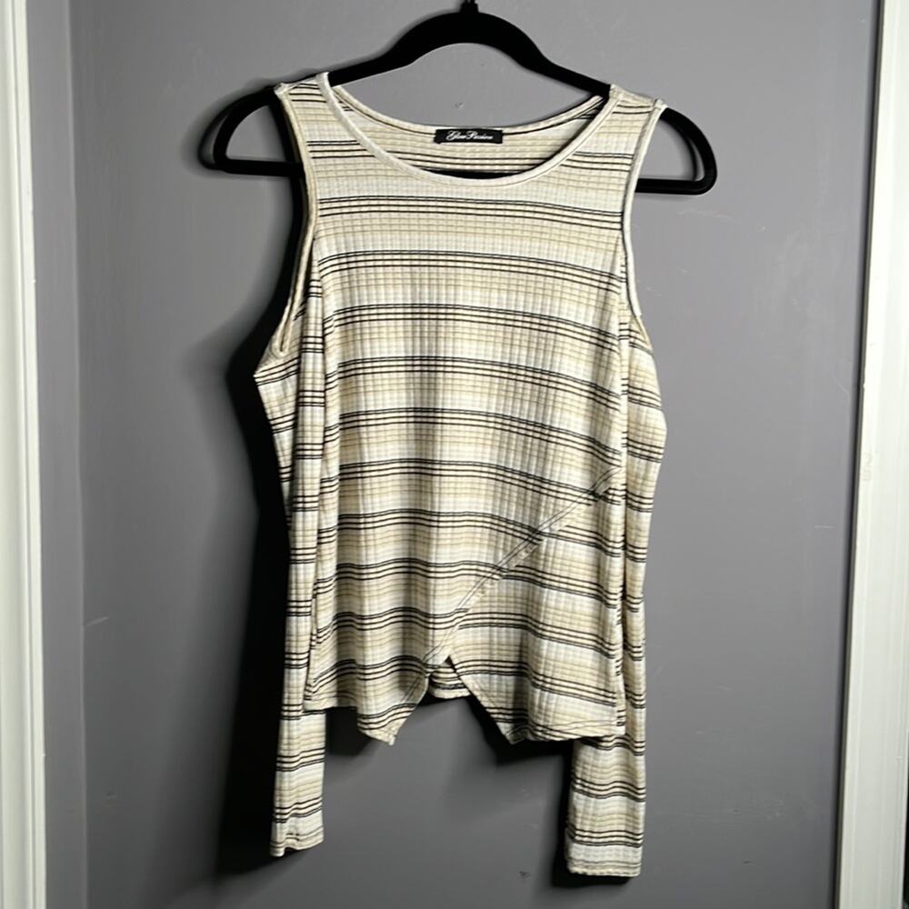 Glow Passion Cream Black Striped Cold Shoulder Top Small